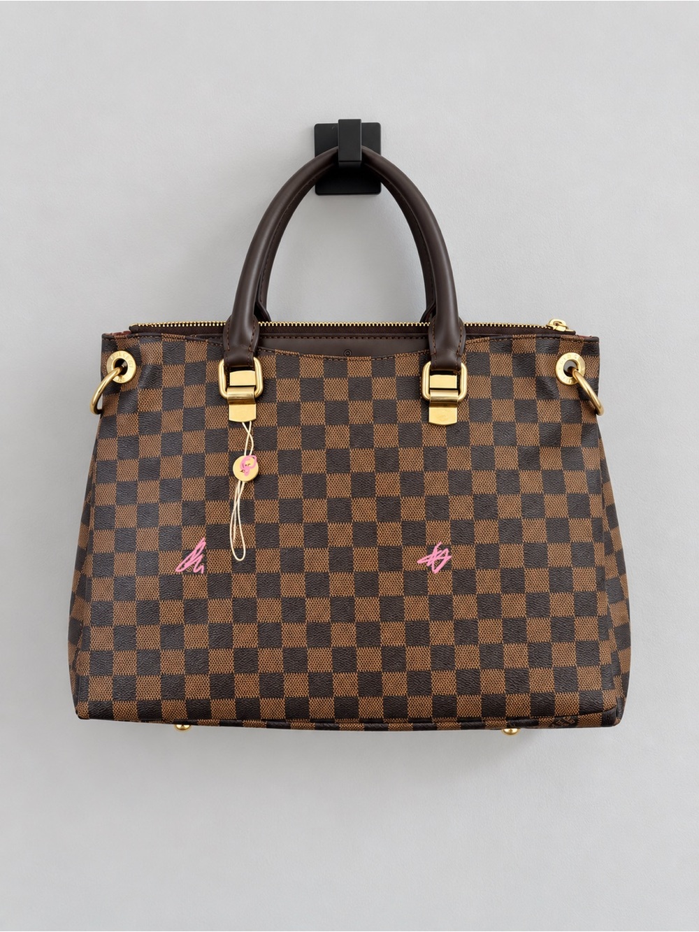 Brown Checkered Top-Handle Tote with Crossbody Strap